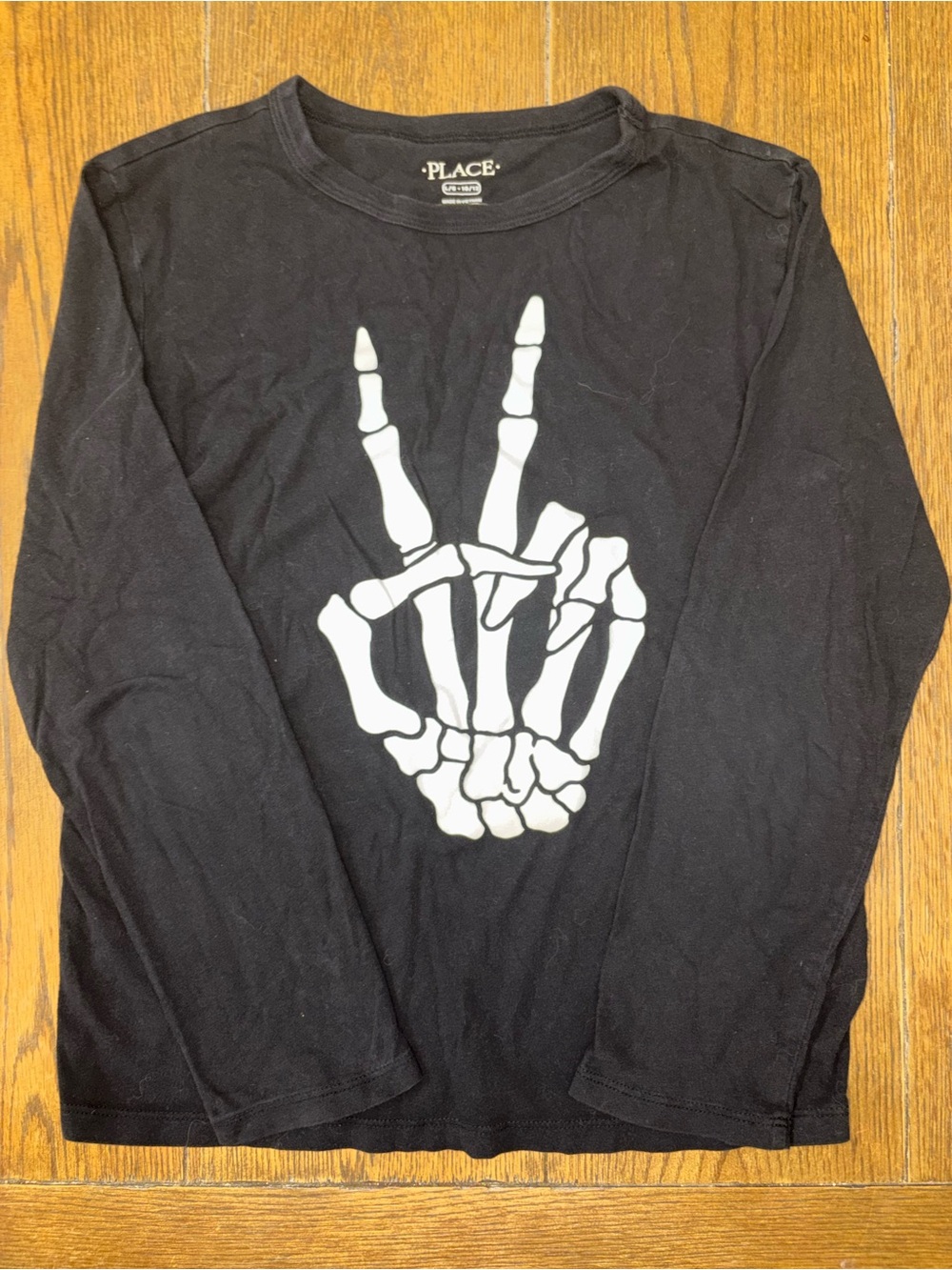 Black Long Sleeve Tee with White Skeleton Peace Hand